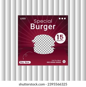 Food social media banner design template. Burger and delicious social media post vector illustration. Square size.