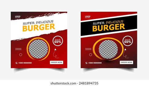 Plantilla de diseño de Anuncio de medios sociales de alimentos. Hamburguesa de medios sociales post Anuncio. deliciosa comida rápida hamburguesa de medios sociales de marketing Anuncio de tamaño cuadrado.