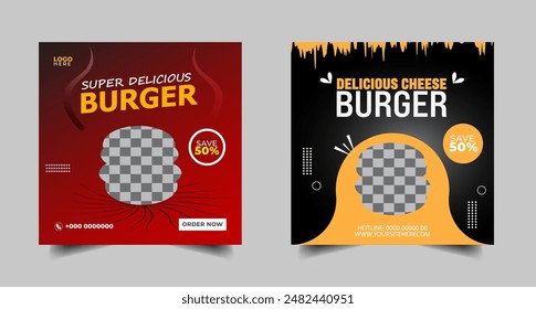 Food social media banner design template. Burger  social media post banner. delicious fast food burger pizza social media marketing banner Square size.