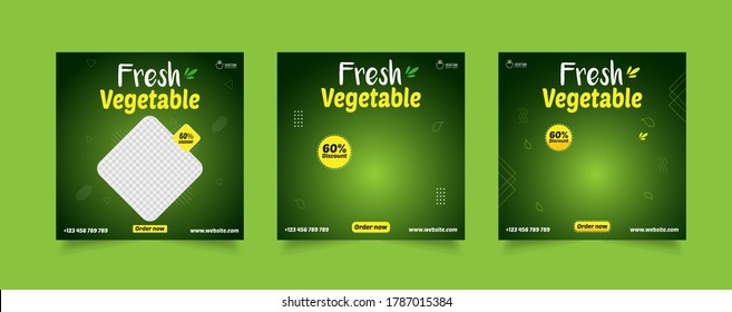 Food Social Media Banner for marketing, Restaurant promotion post, healthy green food sale banner, vegan restaurant discount square template