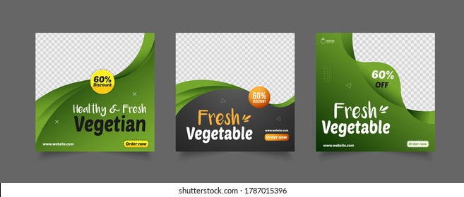 Food Social Media Banner for marketing, Restaurant promotion post, healthy green food sale banner, vegan restaurant discount square template