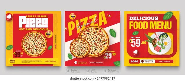 Food social media banner post template design. pizza, burger and vegetable social media post vector illustration template.