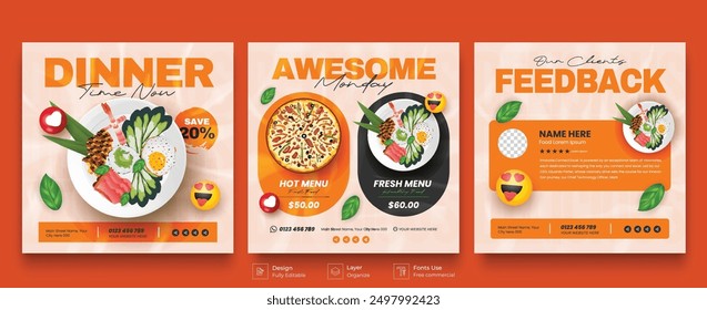 Food social media banner post template design. pizza, burger and vegetable social media post vector illustration template.