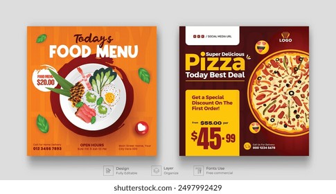 Food social media banner post template design. pizza, burger and vegetable social media post vector illustration template.