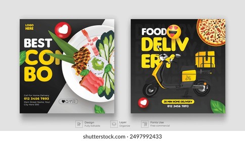 Food social media banner post template design. pizza, burger and vegetable social media post vector illustration template.