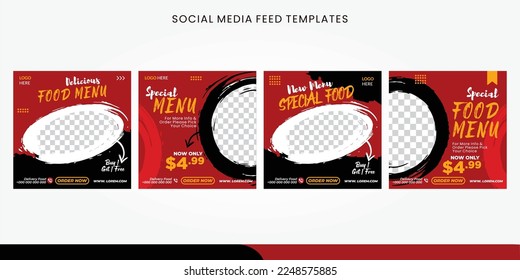 Plantilla de diseño de banner para publicación de artículos en medios sociales y promoción de alimentación. plantilla de diseño de concepto de color negro y rojo.