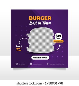 Food social media post and promotion banner design template. Burger banner design template.