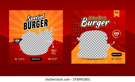 Food social media post and promotion banner design template. Burger banner design template.