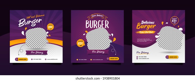 Food social media post and promotion banner design template. Burger banner design template.