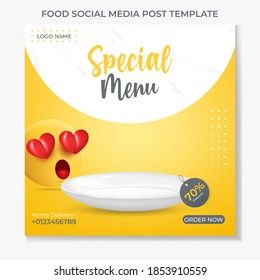 food social media post template. illustration vector with realistic white plate.