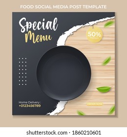 food social media post template. illustration vector with realistic black plate