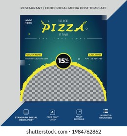 food social media post template design, restaurant social media banner design template, a pizza image can be placed in the template, fully editable template, eps 10, vector