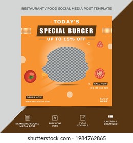 food social media post template design, restaurant social media banner design template, a burger image can be placed in the template, fully editable template, eps 10, vector