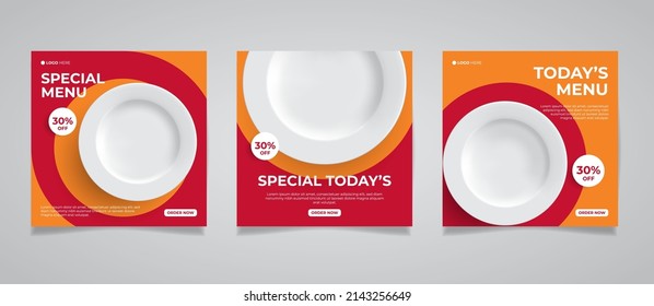 Food social media post template. vector illustration with white plate on red and orange background