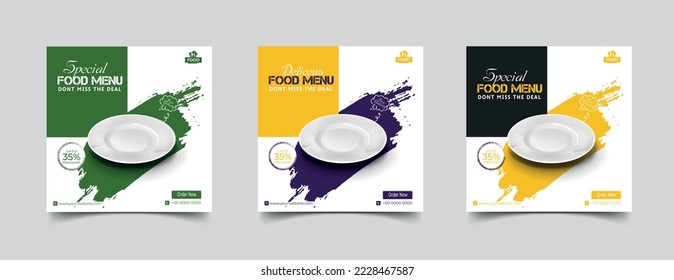 Plantilla de publicación en medios sociales de comida. ilustración vectorial con placa. Conjunto de diseño de plantilla de banner cuadrado editable para publicación de alimentos. Adecuado para el restaurante Social Media Post y culinario. para publicación, web