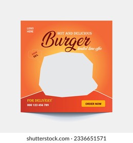 Food social media post template. Restaurant social media banner. Square size. Fast food social media post design vector. High resolution. Burger and delicious social media marketing banner post.