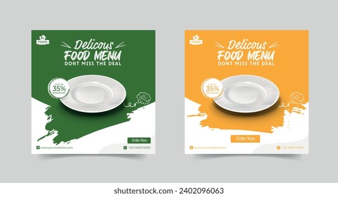 Food social media post template. vector illustration with plate. Food menu banner social media post. Suitable for Social Media Post restaurant and culinary. for post, web, ad