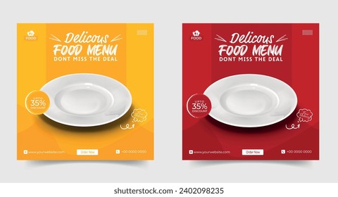 Food social media post template. vector illustration with plate. Set of Editable square banner template design for food post. Suitable for Social Media Post restaurant and culinary. for post