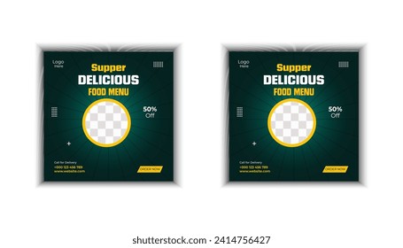 Food social media post template. Restaurant social media banner. Burger and delicious social media marketing banner post.
