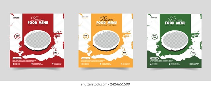 Food social media post template. vector illustration with plate. Set of Editable square banner template design for food post. Suitable for Social Media Post restaurant and culinary. for post, web, ad