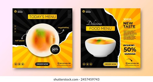 Food social media post template with torn paper effect. Digital banner for restaurant online marketing. Mockup of food and beverage content menu list on black and yellow background