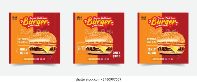 Food social media post template. vector illustration with burger. Set of Editable square banner template design for food post. Suitable for Social Media Post restaurant and culinary. for post, web, ad