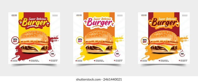 Food social media post template. vector illustration with Burger. Set of Editable square banner template design for food post. Suitable for Social Media Post restaurant and culinary. for post, web, ad