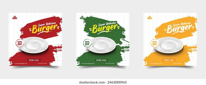 Comida en redes sociales post Plantilla. Ilustración vectorial con plato. Conjunto de diseño de Plantilla de Anuncio cuadrado editable para puesto de comida. Conveniente para el restaurante y la cocina del puesto de los medios sociales. para el puesto, Web