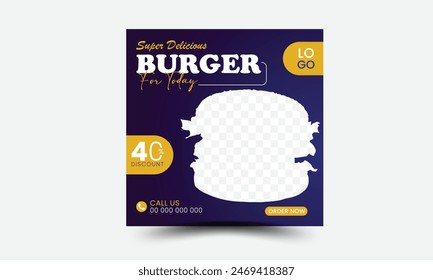 Food social media post template. Restaurant social media banner. Square size. Fast food social media post design vector. High resolution. Burger and delicious social media marketing banner post.