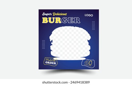 Food social media post template. Restaurant social media banner. Square size. Fast food social media post design vector. High resolution. Burger and delicious social media marketing banner post.