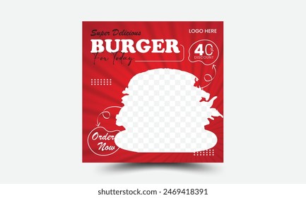 Food social media post template. Restaurant social media banner. Square size. Fast food social media post design vector. High resolution. Burger and delicious social media marketing banner post.