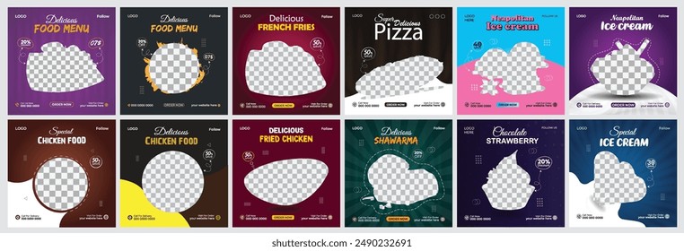 Food social media post template set. Editable square banner design