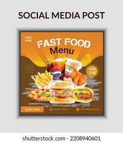 Food social media poster template.Fast food restaurant menu online business promotion.Pizza, burger and healthy etc food poster with abstract background.vector illustration poster menu template.