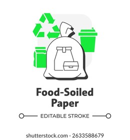 Food soiled paper flat outline concept icon. Organic litter type. Paper products. Contact with organic materials. Modern line illustration with green glyphs. Conceptual visual. Easy to edit