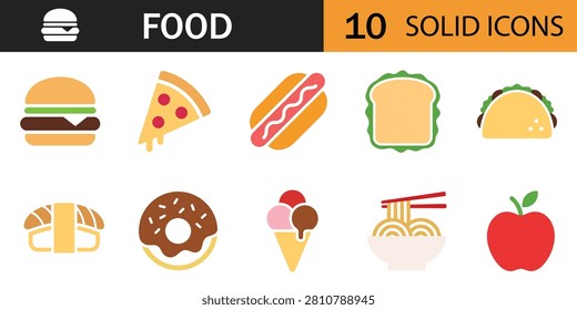 Food solid icons set with fast food hamburger pizza and sweet ice cream elements. Vector illustration of abstract restaurant dinner lunch menu, colorful flat cafeteria snack nutrition symbol.