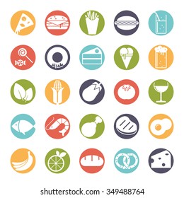 Food solid round icon set. Collection of 25 solid food and drink vector icons in colored circles