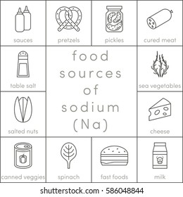 Food sources of chlorine, vector outline food icons for infographic