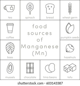 Food sources of manganese, vector flat food icons for infographic