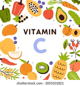 Food sources of Vitamin C. Frame of natural antioxidants, citrus fruits and vegetables enriched with ascorbic acid. Card with healthy lemon, kiwi, avocado, pineapple. Colorful flat vector illustration