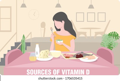 Food sources of vitamin D. Girl eating food with the maximum content of vitamin D. Character having seafood,  meat, fish, tuna, salmon, liver, cottage cheese, soy milk, peas and mushroom.