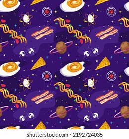 Food in space. The universe is made up of food. Seamless pattern. Vector illustration