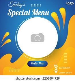 Food Special Menu Social Media Post Template Design In Blue And Orange Color. Vector Illustration