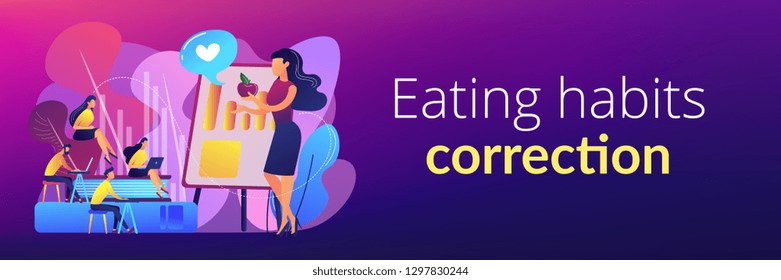 Food Specialist Talking About Healthy Eating Habits. Health And Nutrition Workshop, Eating Habits Correction, Preventive Children Care Concept. Header Or Footer Banner Template With Copy Space.