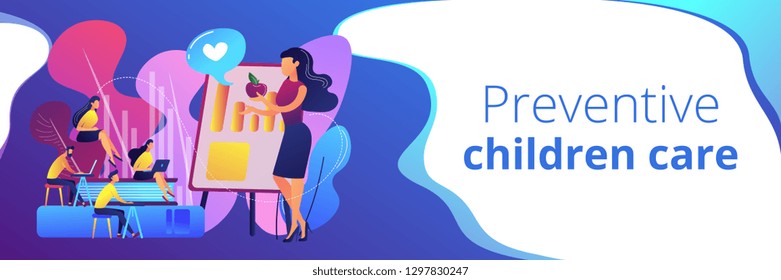 Food specialist talking about healthy eating habits. Health and nutrition workshop, eating habits correction, preventive children care concept. Header or footer banner template with copy space.