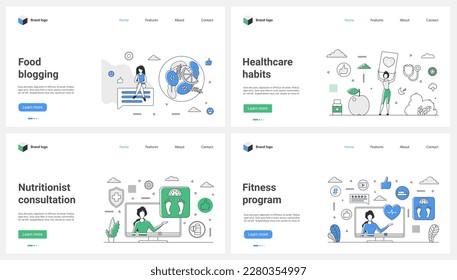 Food and sport blogging, nutritionist services set vector illustration. Cartoon tiny people cook online on foodie channel, work with specialist of nutrition, fitness program and healthy habits