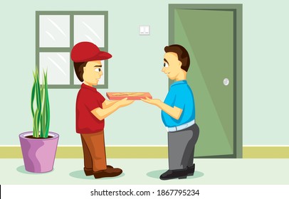 Food staff delivering the pizza to customer at door step illustration in vector