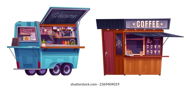 Food stall with coffee and hamburgers for street market. Cartoon vector illustration set of vehicle and kiosk for selling snacks and drinks outdoor. Mobile marketplace or fastfood restaurant.