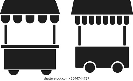 Food stall icon set. vendor selling cake food. Street Food icons. grocery symbols. food concession stand 
