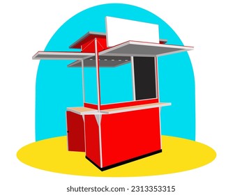 Tienda de comida y tienda de mercado con color rojo y carteles en blanco. Ilustración vectorial de la cesta de alimentos y bebidas en 3D Street. Productos para la compra, comida rápida, bebidas, verduras de frutas frescas, manualidades útiles, panadería.