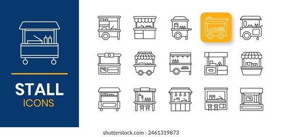 Iconos de vendedor de puestos de comida. Feria del evento de comida callejera. Producto de mostrador comercial. Ilustración de estilo de esquema.